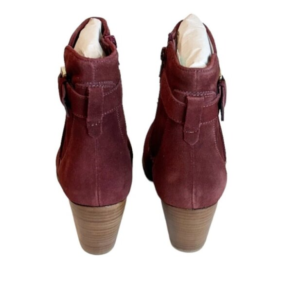 Diba Women's Sleek Bootie Burgundy Suede Buckle Stacked Heel LeatherSize 8.5 NWT - Picture 4 of 8